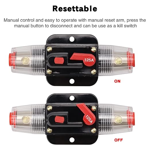 12V-24V DC 125A Fuse Holder Fuse Inverter Circuit Breaker Fuse Manual Reset for Boat Car Audio Stereo Switch and Solar Inverter System 125 Amps