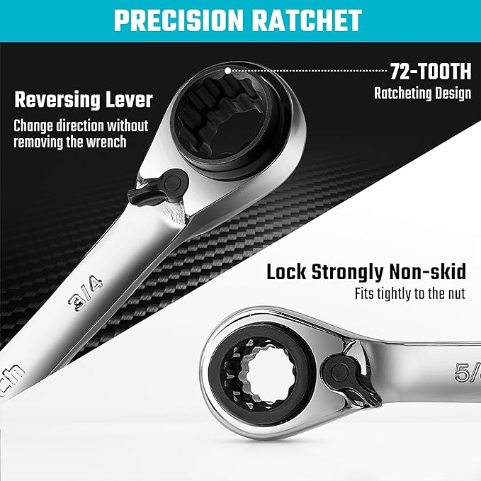 DURATECH 4-in-1 Reversible Ratcheting Box Wrench Set, Double Box End, SAE, 2-Piece, 5/16, 3/8, 7/16, 1/2 & 9/16, 5/8, 11/16, 3/4-Inch, CR-V Steel, Mirror Polished, with Rolling Pouch