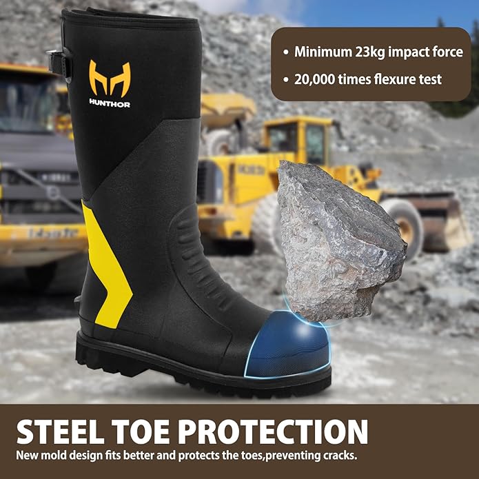 Rubber Work Boots, Puncture-Proof with Steel Toe & Shank, Lightweight Waterproof Anti Slip EVA Outsole Hunting Boots for Men, 6mm Neoprene for Construction, Manufacturing or Farming(Size 6-14)