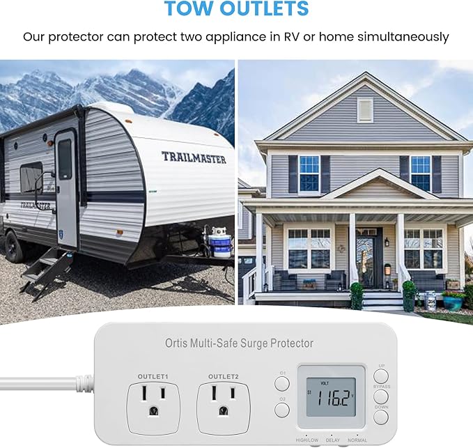 Refrigerator Surge Protector, Ortis Double Outlet RV Appliance Surge Protector with Time Delay & Real-Time Electricity Usage Monitor, Protects All Voltage Abnormalities, White