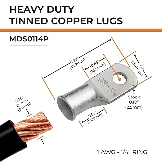 SELTERM 25pcs 1 AWG 1/4" Stud Marine Grade Tinned Copper Battery Cable Lugs, 1 Gauge Ring Terminals, UL Wire Lugs Electrical Cable Ends, Terminal Connectors