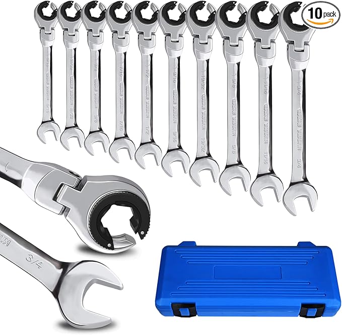 LOSCHEN SAE Flex-Head Ratcheting Wrench Combination Wrench Set 10 Pcs/Set with 72 Teeth, Chrome Vanadium Steel Tubing Ratchet Spanner（US and European Patents）
