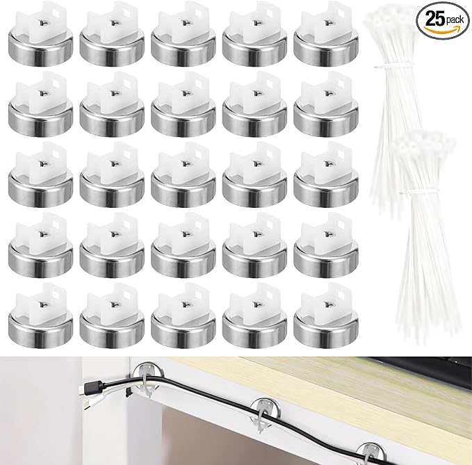 Magnetic Cable Zip Tie Mounts Kit, 25 Pcs Holders with 100 Pcs Cable Ties, Heavy-Duty Magnetic Wire Management for Desk, Office, Home, Automotive, Marine, Multipurpose Cable Clips Organizers, Silver