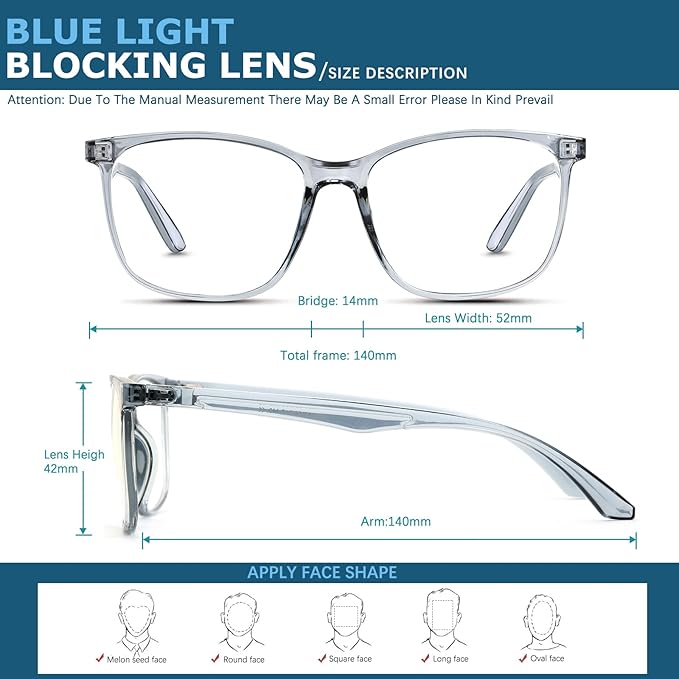 Blue-Light Blocking Glasses Computer Reading/Gaming/TV/Phones Glasses Fashion Anti Eyestrain Glasses for Women Men（A4 Gray + Transparent）