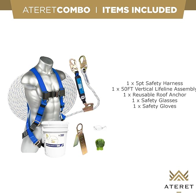 Palmer Safety Fall Protection Roofing Bucket Kit I Full-Body Harness, 50' Vertical Rope & Anchor Set I Safety Harness Kit