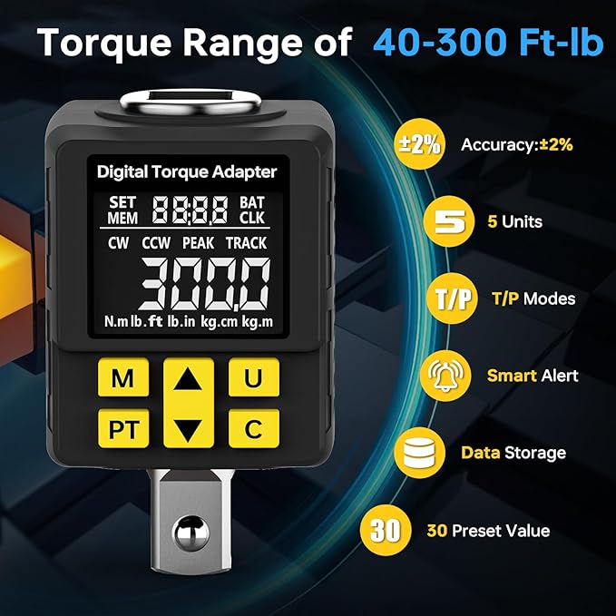 Heavy-duty Digital Torque Adapter, (±1% Accuracy, 40-300Ft-lb), 1/2" Digital Torque Wrench Adapter for Auto, Versatile Meter - Alert | Peak/Track | Preset | Store/Delete, for Machinery Repairs(406N.m)