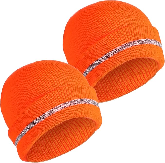 2Pcs Reflective Orange Beanie Unisex, Reflective Winter Hat for Work Running, Safety Beanies Hats Men, Warm and Cozy Knit Cap Headwear