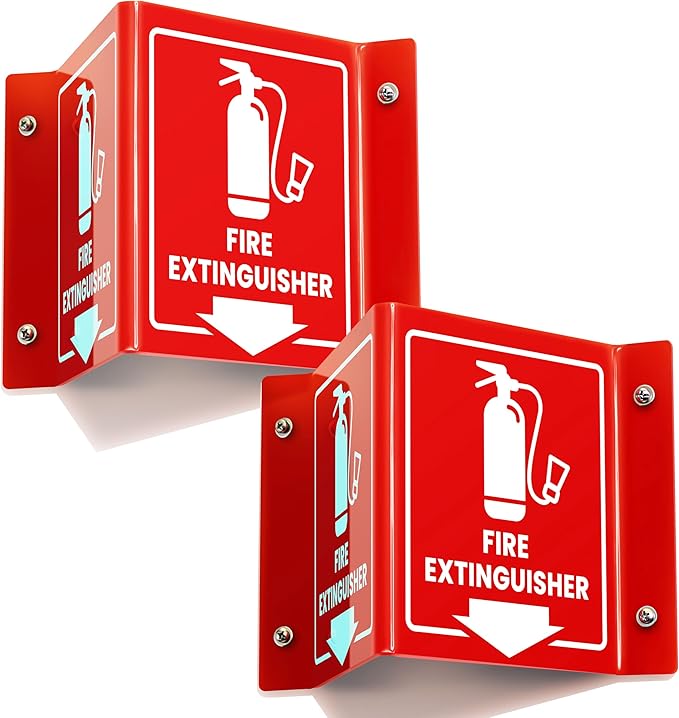 2 PC Fire Extinguisher Signs, 6 Inch Fire Extinguisher Two-Sided Acrylic Projecting V-Sign with Down Arrow, Including Screws