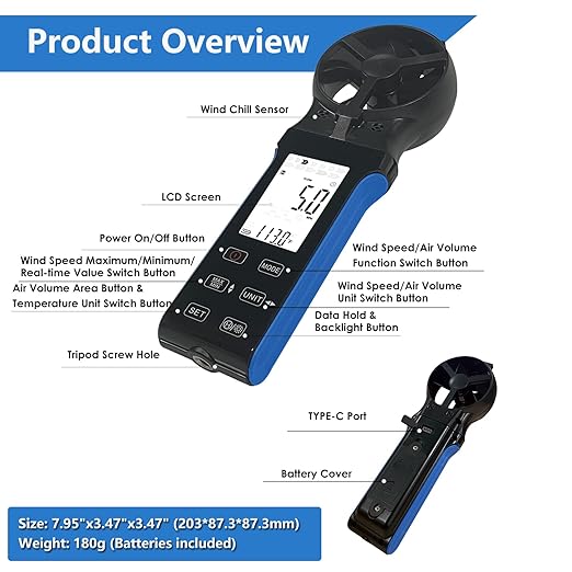 HoldPeak CFM Meter HVAC Anemometer with 270º Rotatable Detector, Handheld Wind Speed Meter Gauge with Touch Button, Waterproof Rechargeable Air Flow Velocity Measuring Device for HVAC Outdoor Sailing