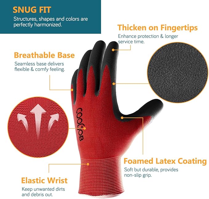 COOLJOB Gardening Gloves for Men, 2 Pairs Breathable Rubber Coated for Garden Weeding Landscaping, Outside Work for Lawn Yard, Men's Medium Size, Black & Red