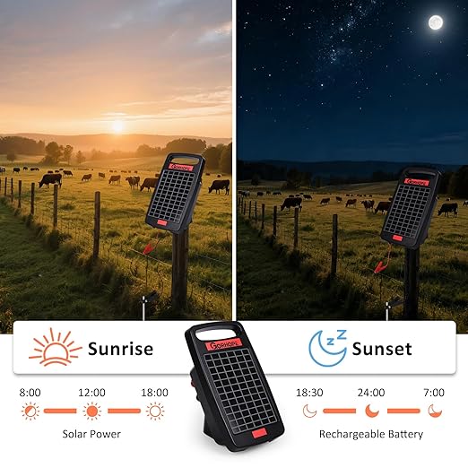 10 Miles Solar Electric Fence Charger with Short Circuit Alarm,0.18J Solar Powered Fence Charger 24-Hour Protection,with Solar Panel,14-Day Continuous Powered Protection for Livestock Protection