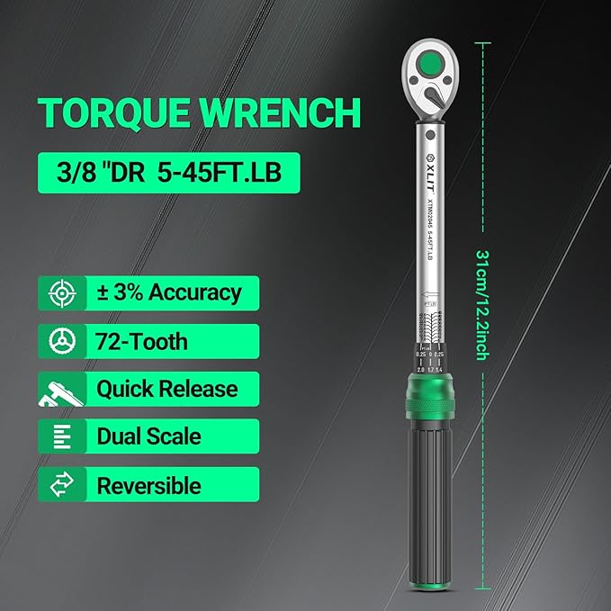 3/8" Click Torque Wrench, ±3% Accuracy, Smooth 72-Tooth Ratchet, Dual Scale (5-45 ft-lb/6.8-61Nm), Durable CR-V Steel, Pro Repair Tool with Portable Case, for Automotive, Motorcycle & Bike