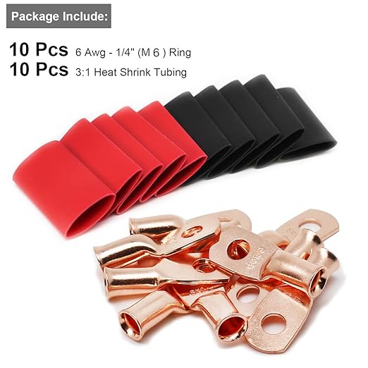 TKDMR 10pcs 6 AWG-1/4 Battery Lugs,Heavy Duty Wire Lugs,Ring Terminals,Battery Cable Ends,0 Guage terminals,Battery Terminal Connectors with 10pcs 3:1 Heat Shrink Tubing