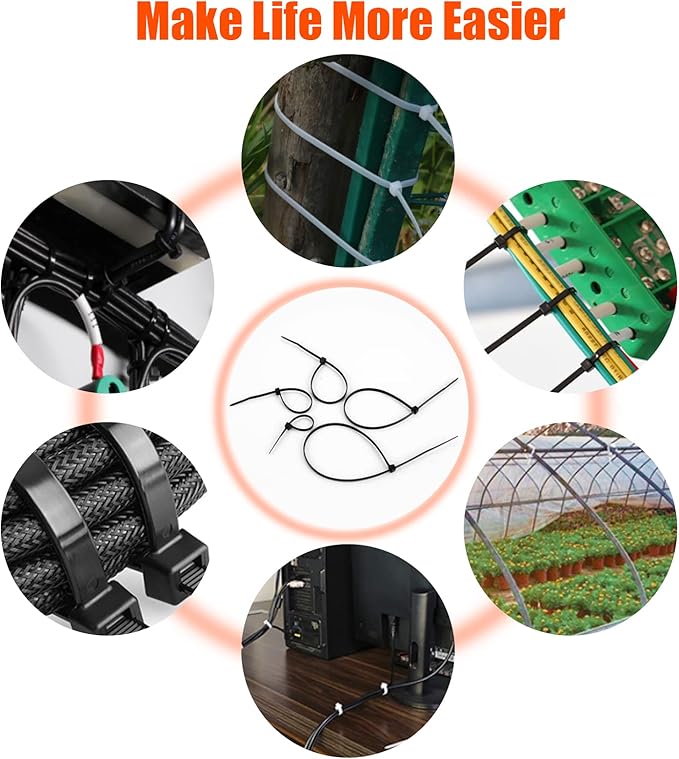 12 Inch Zip Ties (Bulk 1000 Pack Black & 100 Pack White),50LBS Tensile Strength Heavy Duty Cable Wire Ties With Self-Locking Adjustable Durable Nylon Tie Wraps for Indoor Outdoor (10 Pack Mount)