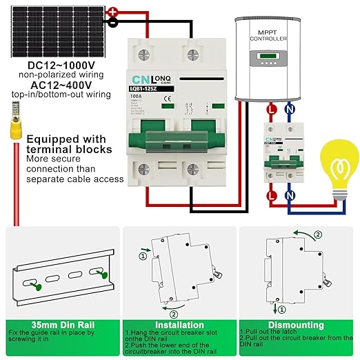 DC Miniature Circuit Breaker 100 Amp Solar Disconnect Switch DC1000V AC400V 2P MCB for PV, UPS, RV Battery, DIN Rail Mount