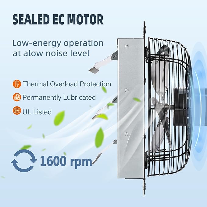 GCJ 12 Inch Shutter Exhaust Fan Wall Mounted, High-Speed 1600 RPM, Attic Fan, Suitable for Ventilation, Extraction, and Exhaust in Garages, Greenhouses, Shops, Attics, and Sheds