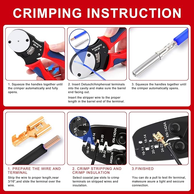 Knoweasy Deutsch Crimper Kits for Deutsch DT Connectors: Close Barrel and Open Barrel Crimper, Deutsch Removal Extraction Tool, Weather Pack Terminals - Includes 12PCS