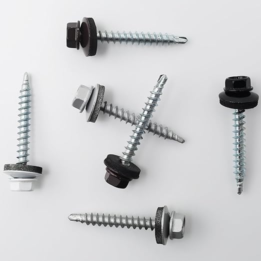 250pcs #10 x 1-1/2" Brown Hex Head Self-Drilling Metal Roofing Screws, EPDM Washer, Colored Head, Sheet Metal Roof Screw with Hex Driver Bit