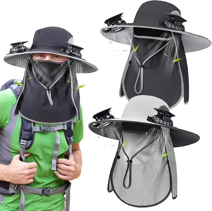 2 Pcs Solar Fan Hats Wide Brim Fishing Hats with 2 Solar Fan and Removable Face Cover Cooling Buckets for Men Women