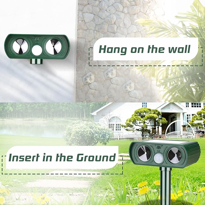 4 Pack Solar Ultrasonic Animal Repellent Outdoor Deer Repellent Devices Dog Repellent, Motion Activated Animal Cat Deterrent for Squirrel, Skunk, Rabbit, Dog in Yard Garden