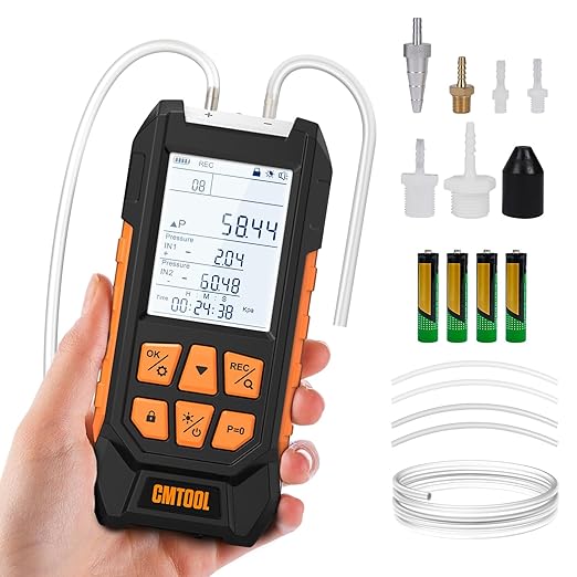 Manometer Gas Pressure Tester, Digital Manometer, -100-200Kpa, 10 Units Differential Pressure Gauge, Max/Min/Data Storage, 2-Port Tester for HVAC/Automotive Brake/Industrial/Lab Calibration (Regular)