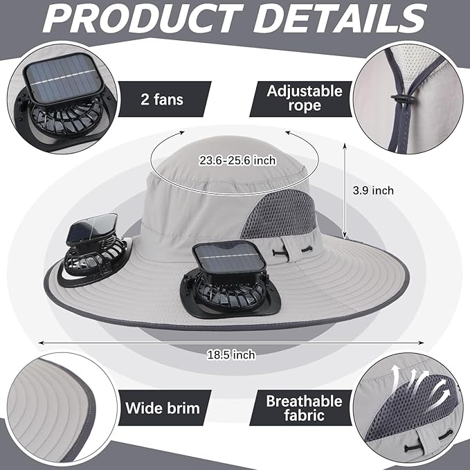 2 Pcs Solar Fan Hats Wide Brim Fishing Hats with 2 Solar Fan and Removable Face Cover Cooling Buckets for Men Women
