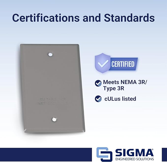 SIGMA ENGINEERED SOLUTIONS 14240 Weatherproof Outdoor Rectangular Cover Plate for Outlet Boxes, Gray, Metal, 1-Gang, 1-Pack