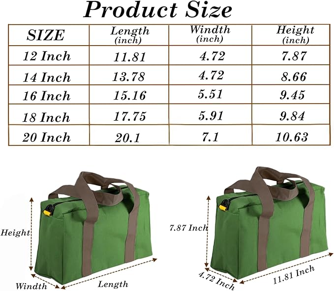 Canvas Wide Mouth Tool Bag, Large Capacity Tool Bags for Men, Portable Home Tool Organizer for Storage Handbag for Screwdrivers, Wrench, Plier, Nails, Pliers Repair Hand Tools (Green-16 Inch)