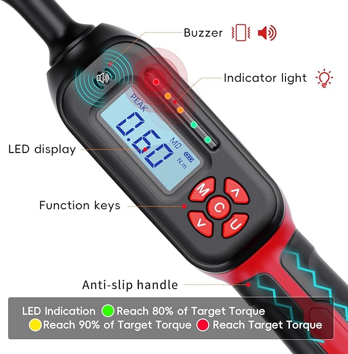 1/4" Digital Torque Wrench, 0.4-9 Ft.lb/0.6-12 N.m, ±2% Accuracy, LED Display, USB Data Storage, 4 Units, Two modes, Triple Alert, Precision Torque Tool, Red