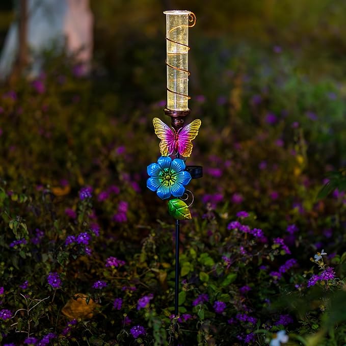 Rain Gauge Outdoor, Solar Rain Gauges for Yard, Freeze Proof Rain Gauge with 7" Plastic Tube, Butterfly Metal Decorative Garden Stake with Led Light, Blue