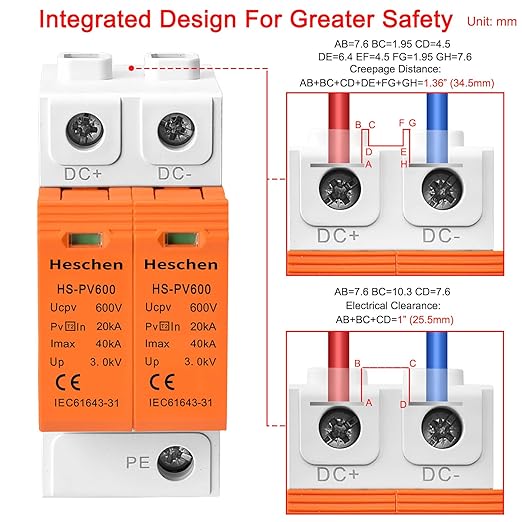 Heschen Surge Protective Device for PV, HS-PV600, 2P 600VDC 20KA, Fire-Proof, 35mm DIN Rail Mounting