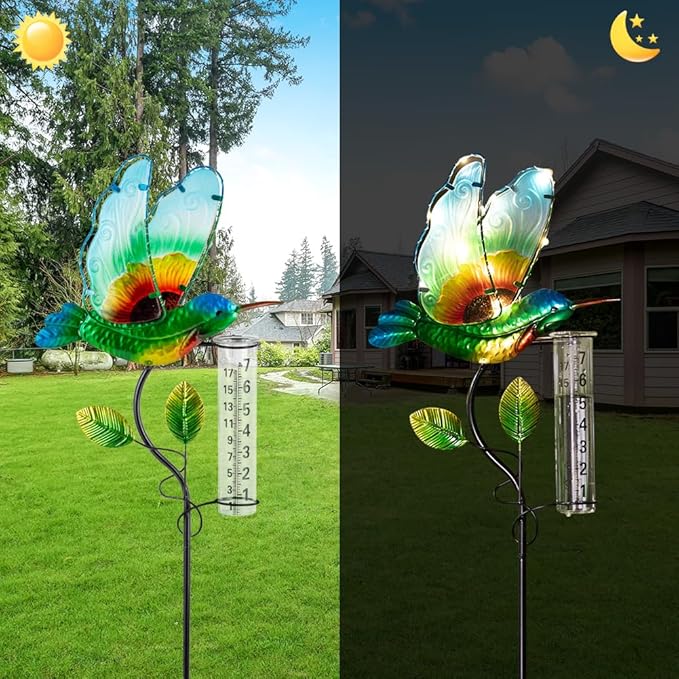 Rain Gauge Outdoor, Solar Hummingbird Rain Gauge with Metal Stake, 7 Inch Tube Decorative Rainfall Measurement, Stained Glass Rain Measure Gauge for Garden, Lawn, Patio