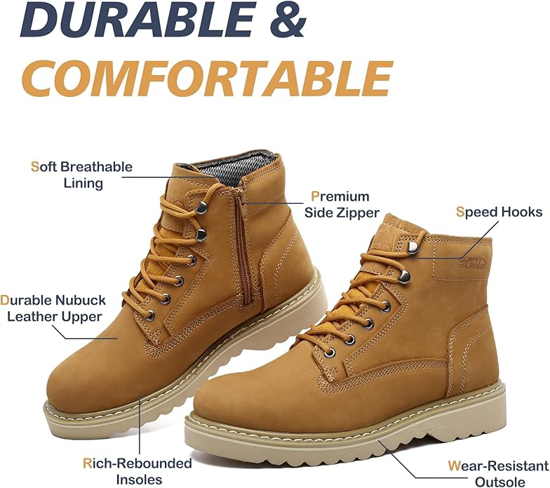 Side Zipper Soft Toe Work Boots for Men 6" with Welt Construction, Lightweight Utility Nubuck Leather Shoes, Featuring Speed Hooks, Slip & Water Resistant Mens Ankle Workboots