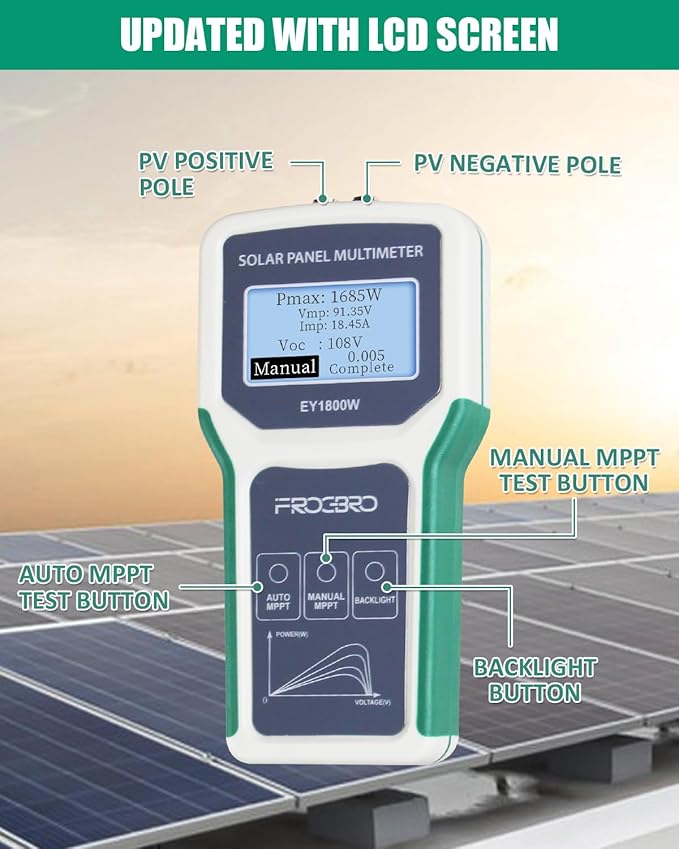 FrogBro 1800W Solar Panel Tester Photovoltaic Multimeter, Troubleshooting Tool with Smart MPPT Display, Upgraded Measuring Range (5~1800W, 20~120V, 0~60A) for Solar PV Panel Testing and Data Analysis