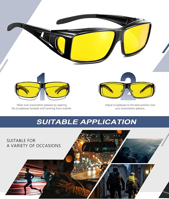 KALIYADI Night-Vision-Glasses Fit-Over-Glasses Wrap-Around Glasses: Anti Glare Night Driving Glasses for men women HD Lens