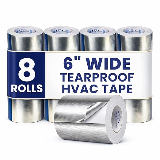 BlueTex Insulationㅤ HVAC Aluminum Foil Tape 6 inch x 150 ft (6 mil), Professional Grade Silver Duct Tape Metallic, Tear-Proof Woven HVAC Tape Heavy Duty for Ductwork, Dryer Vent & Insulation - 8 Rolls