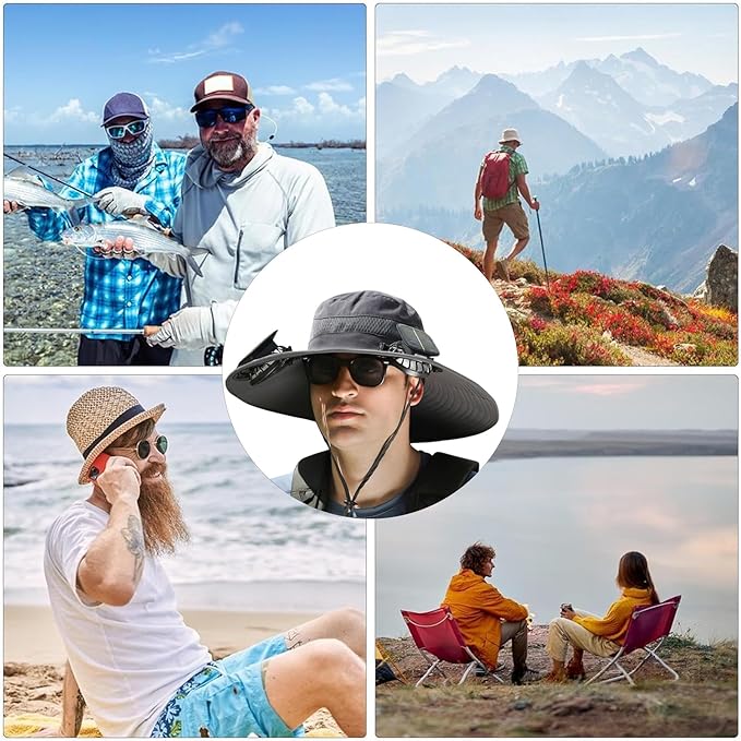 Sombrero Con Ventilador Solar, Solar Fan Hat,Wide Brim Sun Hat with 2 Detachable, for Outdoor Fishing,Hiking Gardening