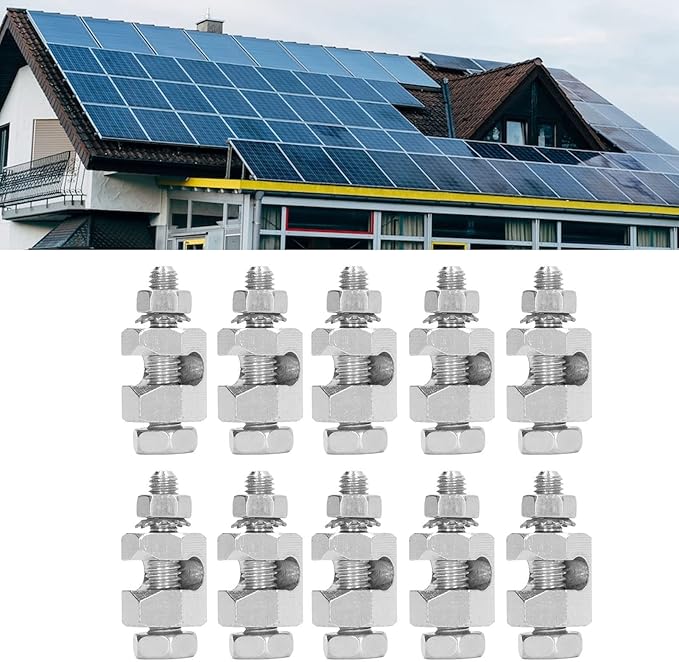 Focket 10PCS Solar Panel Photovoltaic Nut and Solar Earthing Ground Clip Cable Clamp for Bare Wire, Safe On Coupling Earthing Ground Lug Cable Clamp Ground Clamp Fasteners Clip