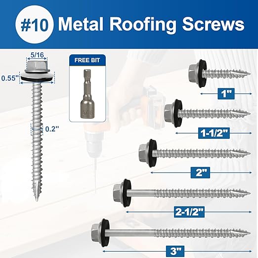 Metal Roofing Screws #10×2Inch, 320-PCS, Hex Head Rustpert Coating Sheet Metal to Wood Siding Screw with EPDM Rubber Washer, Sharp Point, Hex Socket Included