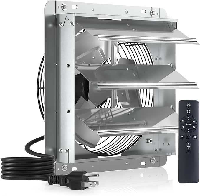 Amico 12 Inch Shutter Exhaust Fan with Remote,Energy Efficient &Quiet 25W DC Motor 1200 CFM Wall Mount Ventilation Fan for Garage,Greenhouse,Attic&Chicken Coop,9-Speed Adjustable,Plug In,Timer,FCC&ETL