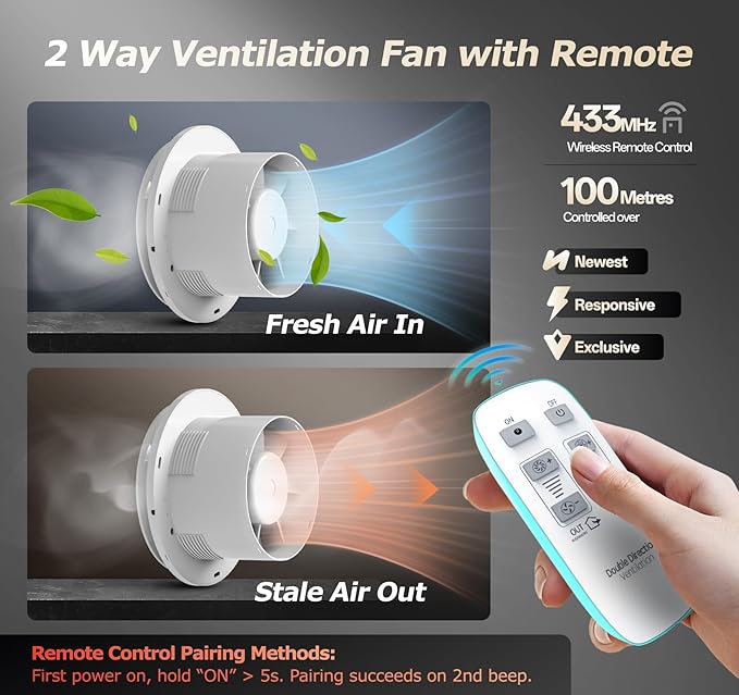 4 inch Bathroom Exhaust Fan with Remote 2 Way 6 Speed Upgraded Powerful Low Noise Vent Fan 3000RPM DC Motor Energy Saving Household Ventilation Fans for Attic Basement Garage Washroom P106A2
