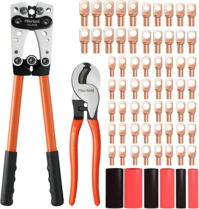 Battery Cable Crimper Tool For AWG 10-1/0 Gauge Electrical Lug with 60PCS Copper Wire Lugs, Battery Terminal Connectors with Cable Cutter, Wire Crimping Tool For Heavy Duty Copper Wire Lugs