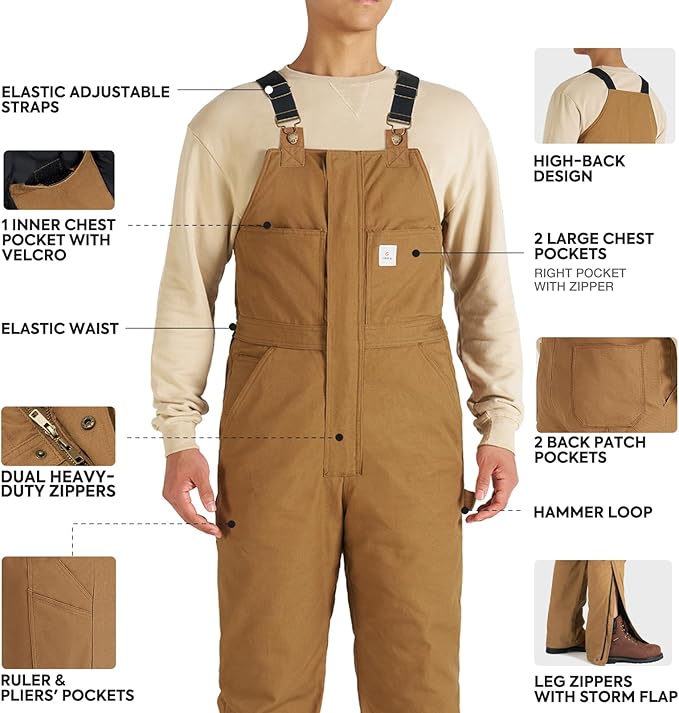 HISEA Men's Insulated Bib Overalls, Winter Water Resistant Duck Canvas Overall, Loose Fit Utility Workwear for Cold Weather