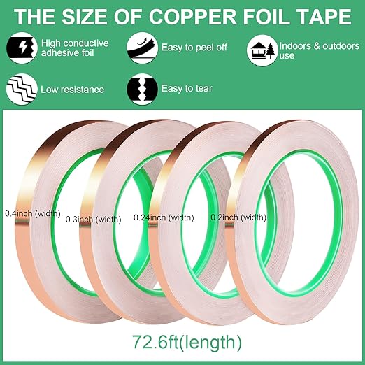 LOVIMAG Copper Tape, Copper Foil Tape 4 Sizes (0.2/0.24/0.3/0.4Inch) x72.6FT, Copper Foil Tape Conductive Adhesive for Stained Glass, Guitar and EMI Shielding, Crafts, Electrical Repairs, Grounding