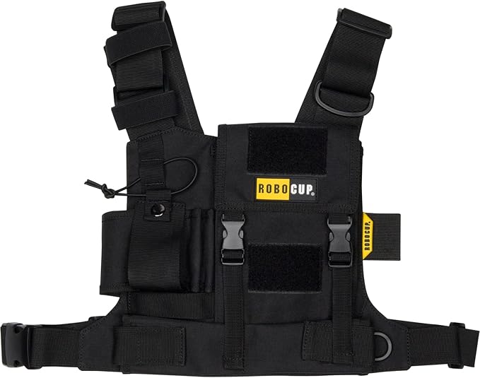 ROBOCUP Radio Chest Harness Vest - Adjustable Utility Organizer with Silent Buckle Closure - Full-Size Ham Radio Pouch, Secure Fit, Work Gear with D-Ring, Reflective Safety Stripes, Hook & Loop Patch