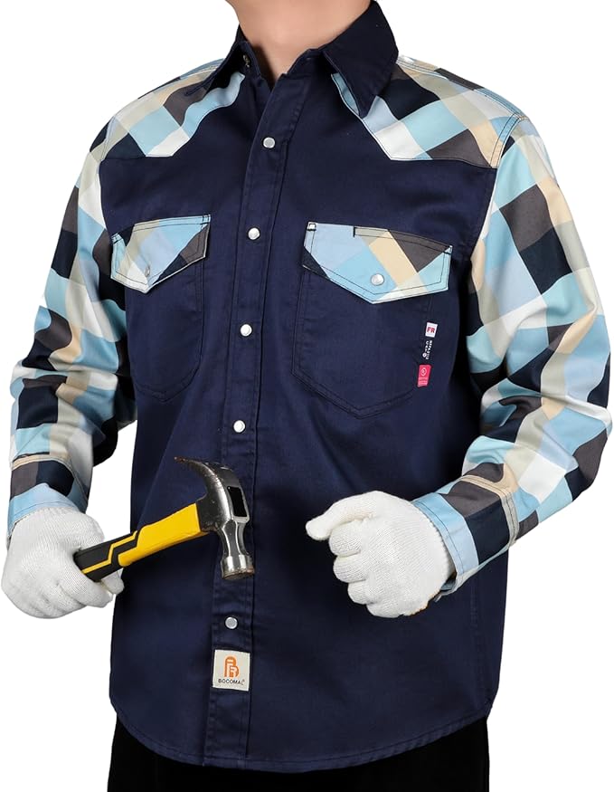 BOCOMAL FR Shirts Pearl Snaps Two Tone Plaid/Solid Flame Resistant Cotton Welding Shirt NFPA 2112 CAT 2