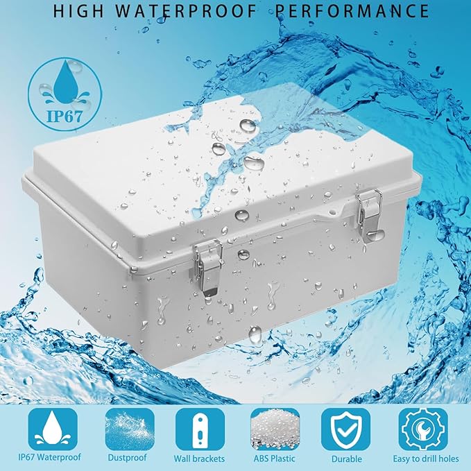 Waterproof Outdoor Electrical Box Junction Box Weatherproof IP67 ABS Plastic Enclosure Switch Router Project Box with Mounting Plate with Wall Bracket 2 Cable Glands Grey 11.4" x 7.5" x 5.5"