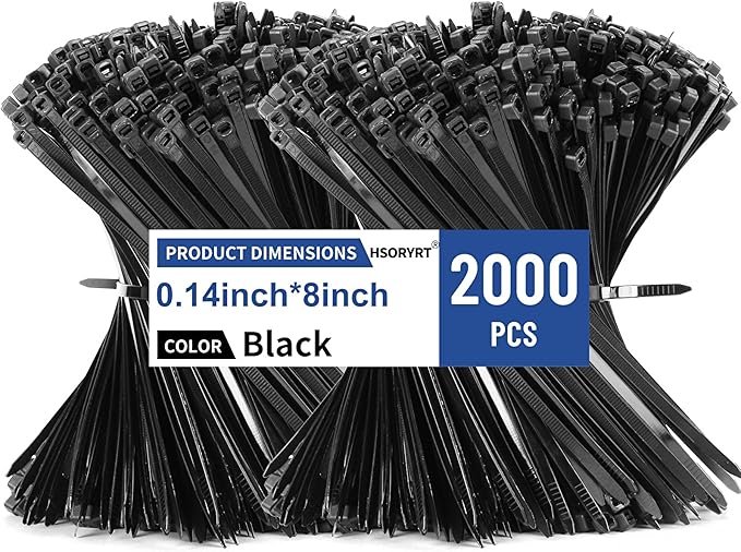 2000pcs Cable Ties, 8 inch Zip Ties Black, 40lbs Heavy Duty Nylon Self-Locking Cable Management, Long Wire Ties UV Resistant, Plastic tie wraps for Home, Garage, Garden, Office, Workshop