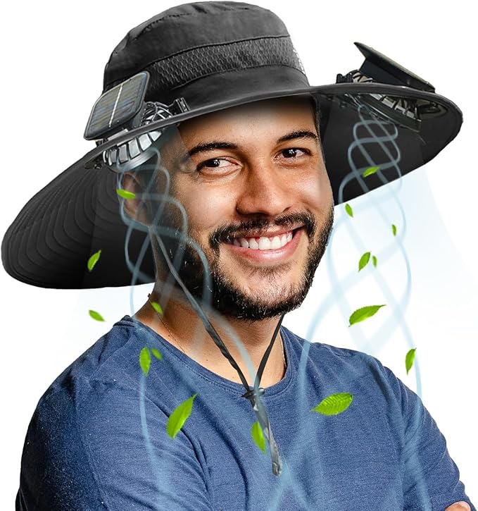 Solar Fan Sun Hat, Widen Brim Outdoor Fishing Men Hat with 2 Fans, Adjsutable 180°Rotating Cooling UPF 50+