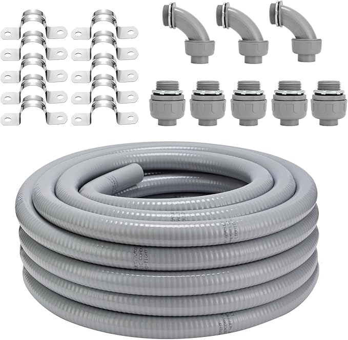 1inch 50ft Non-Metallic Liquid-Tight Conduit Connector Kit, Flexible Electrical Conduit, NPT Thread Straight/Angle Fittings & Clamps for LFNC-B, Weatherproof Outdoor UV Resistant for Outdoor & HVAC